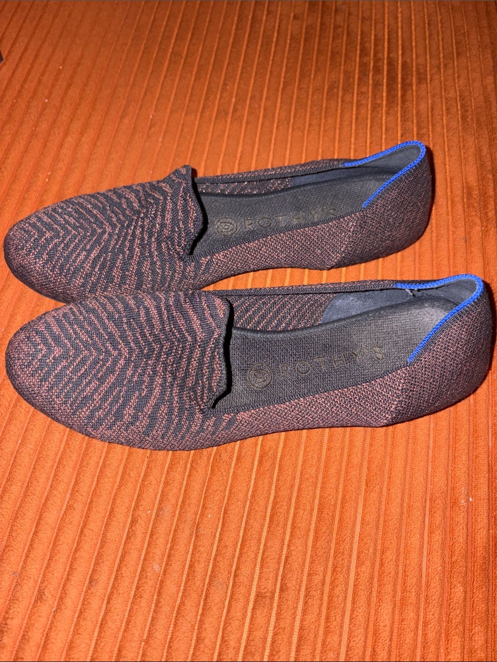 Rothy’s The Loafer Twilight Metallic Zebra Sparkle Chevron Brown Black Shoe 8.5